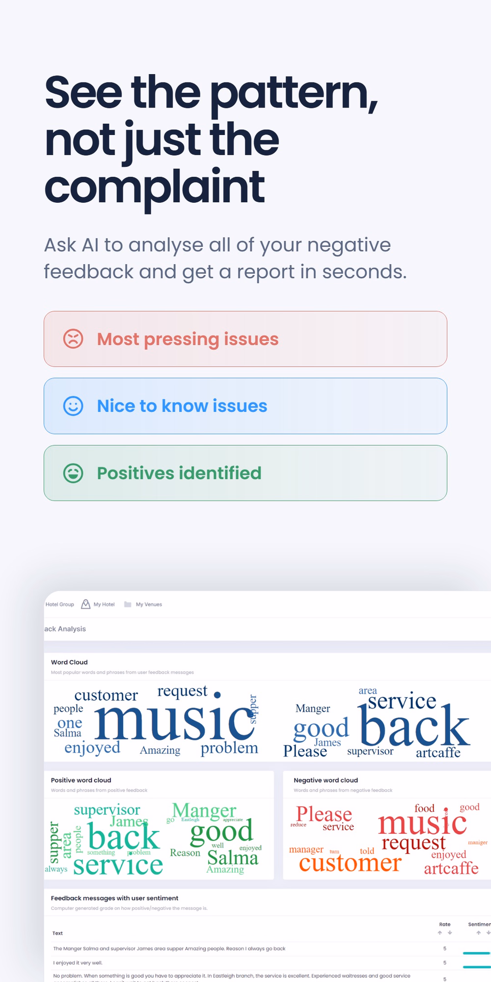 Dashboard mockup headlined 'See the pattern, not just the complaint', with categories for Most pressing issues, Nice to know issues and Positives identified, alongside word clouds summarizing customer feedback themes