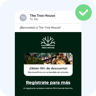 Email con una jerarquía clara: enlace de registro destacado y condiciones en letra pequeña