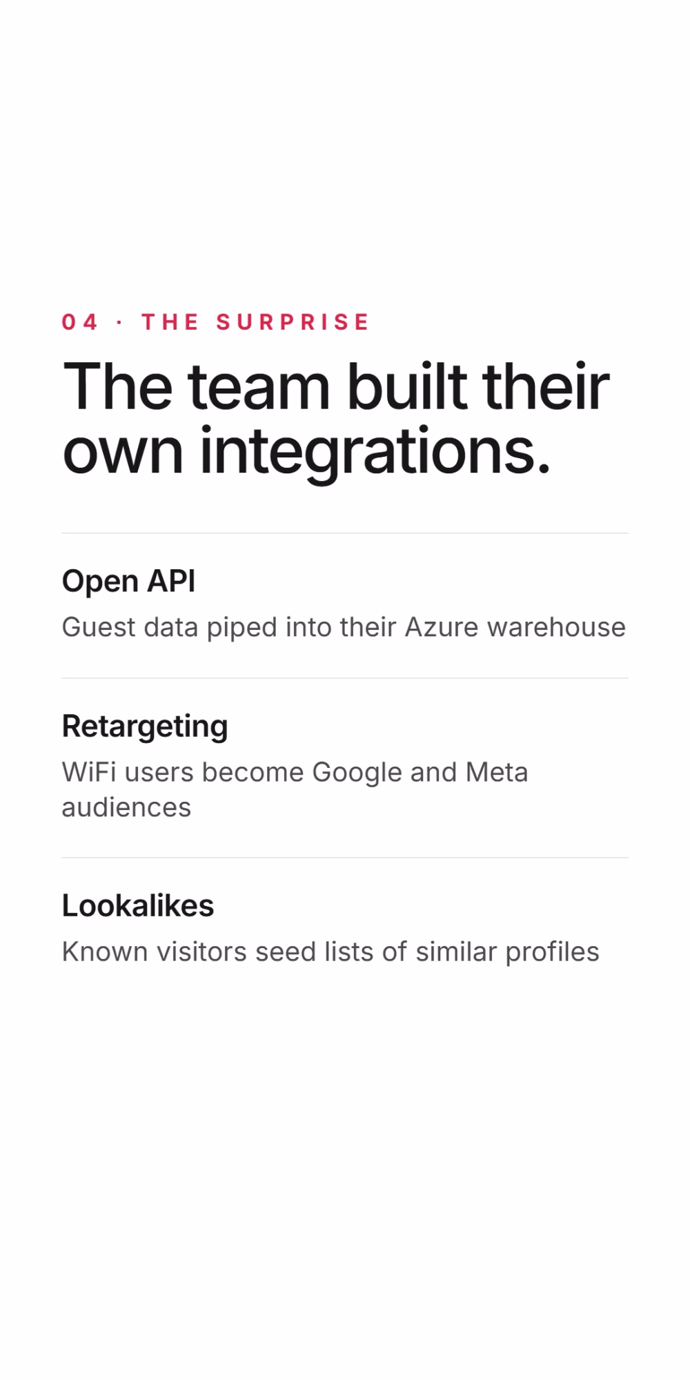 The surprise: the team built their own integrations. An open API pipes guest data into their Azure warehouse, retargeting turns WiFi users into Google and Meta audiences, and known visitors seed lookalike lists of similar profiles.