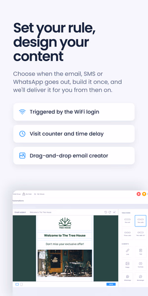 Three feature highlights - triggered by the WiFi login, visit counter and time delay, drag-and-drop email creator - under the headline 'Set your rule, design your content', with an email builder screenshot