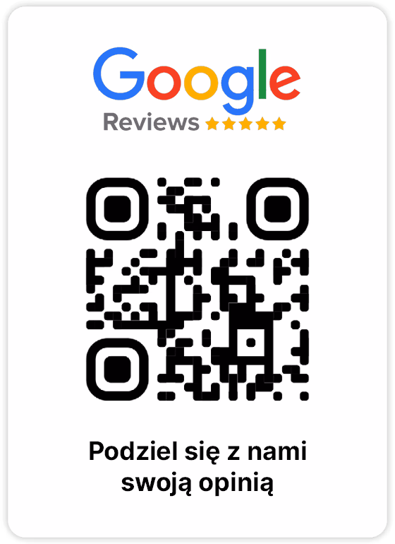 Karta z kodem QR Opinii Google, zachęcająca Gości do wystawienia opinii