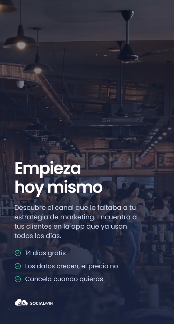 Huéspedes revisando sus teléfonos en un restaurante concurrido, bajo el titular 'Empieza hoy' y una lista de beneficios - 14 días gratis, sus datos crecen, el precio no, cancele cuando quiera