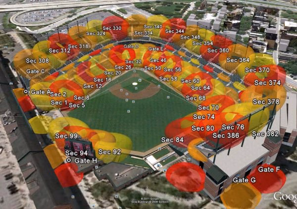 a stadium with ap coverage displayed