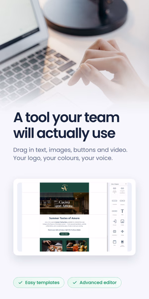 Drag-and-drop email editor building a restaurant marketing email, next to the headline 'A tool your team will actually use'