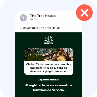 Email en el que las condiciones destacan más que el enlace de registro