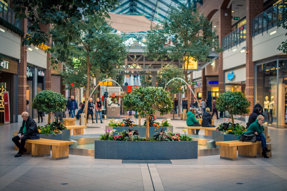 corridor with a fountain and trees inside a shopping center