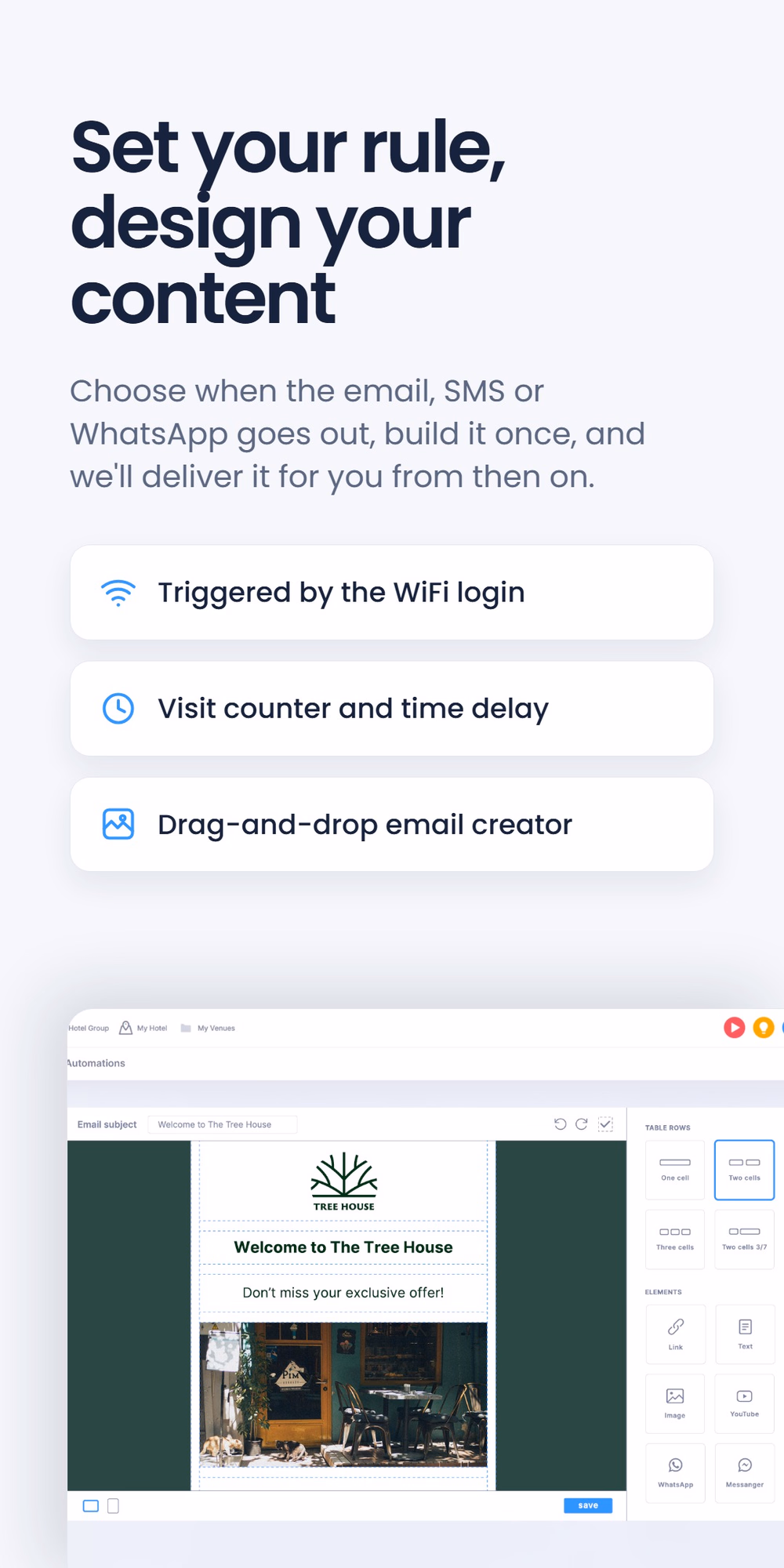 Three feature highlights - triggered by the WiFi login, visit counter and time delay, drag-and-drop email creator - under the headline 'Set your rule, design your content', with an email builder screenshot