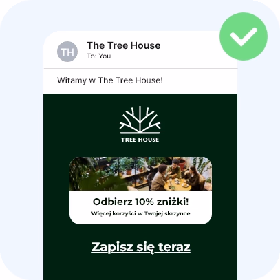 Przejrzysty e-mail powitalny z jedną ofertą i jednym linkiem do zapisu