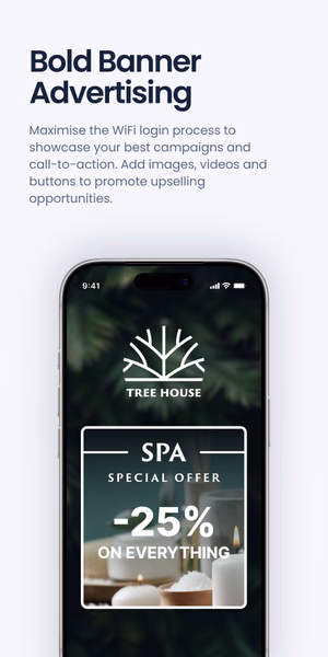 Phone mockup of a WiFi login screen for 'Tree House' showing a 'SPA Special Offer -25% on Everything' banner, under the headline 'Bold Banner Advertising'