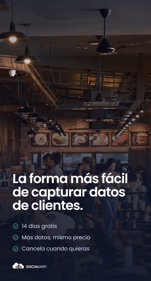 Personas usando sus teléfonos en un restaurante concurrido, bajo el titular 'La forma más fácil de capturar datos de clientes' y una lista de beneficios - 14 días gratis, más datos mismo precio, y cancele cuando quiera