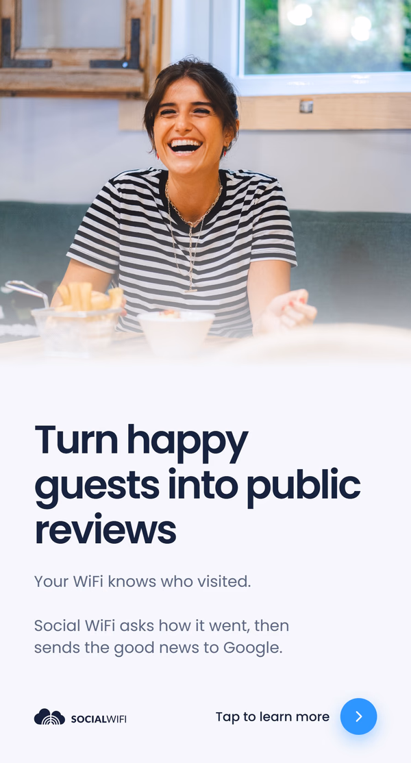 Smiling guest at a restaurant table, with the headline 'Turn happy guests into public reviews'