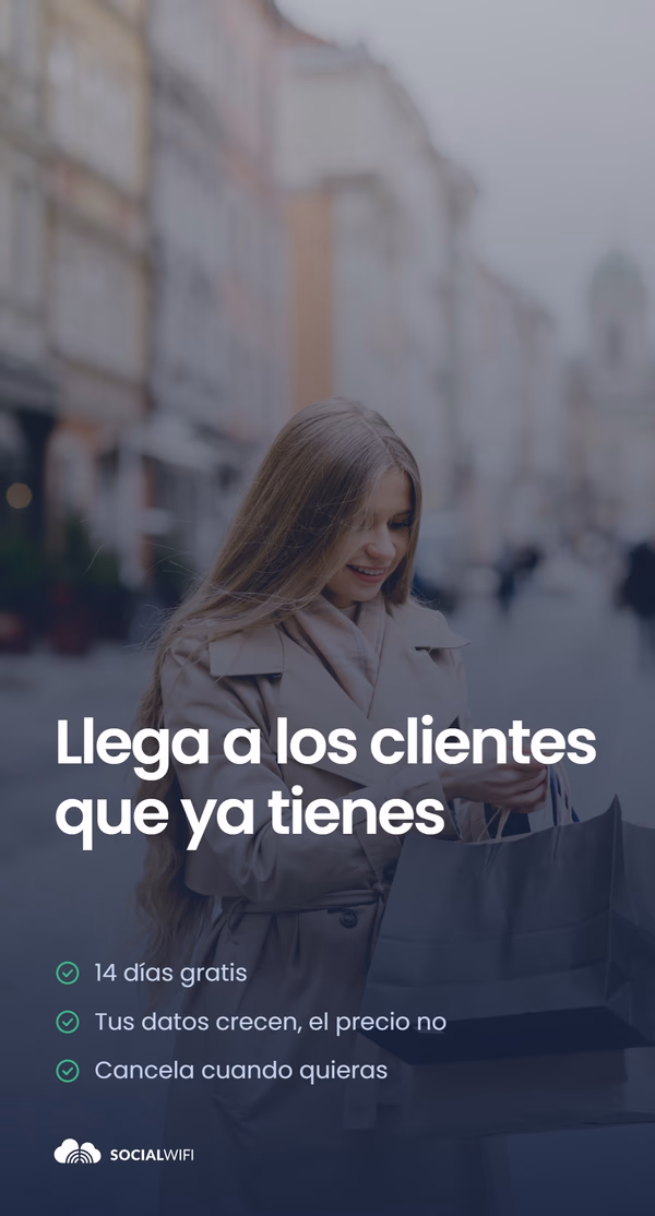 Mujer cargando bolsas de compras por una calle de la ciudad, bajo el titular 'Llegue a los clientes que ya tiene' y una lista de '14 días gratis', 'Sus datos crecen, el precio no', 'Cancele cuando quiera'