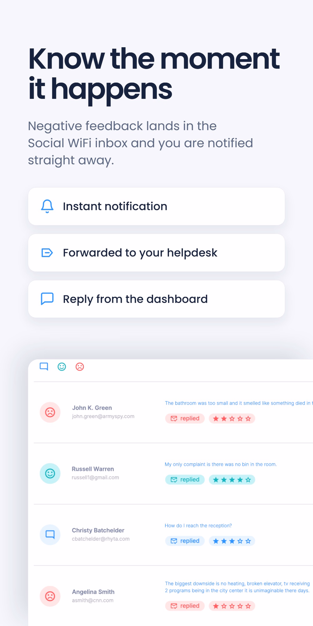 Dashboard mockup under the headline 'Know the moment it happens', highlighting instant notification, forwarding to your helpdesk and replying from the dashboard, with a list of guest feedback messages and star ratings