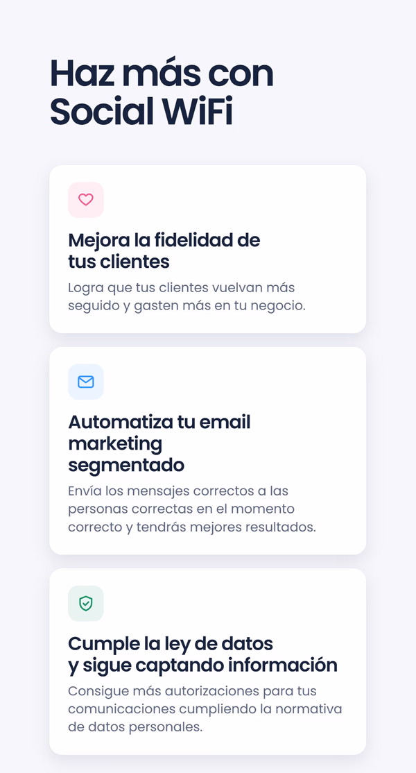 Tres tarjetas de beneficios bajo el titular 'Haz más con Social WiFi' - Mejora la fidelidad de sus clientes, Automatiza su email marketing segmentado, Cumple la ley de datos y sigue captando información