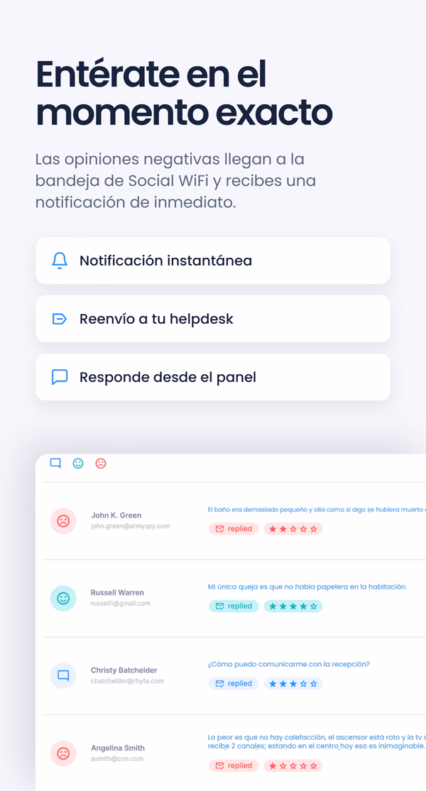 Captura de un panel bajo el titular 'Entérate en el momento exacto' - Notificación instantánea, Reenvío a su helpdesk, Responde desde el panel - con una lista de reseñas de huéspedes y valoraciones en estrellas