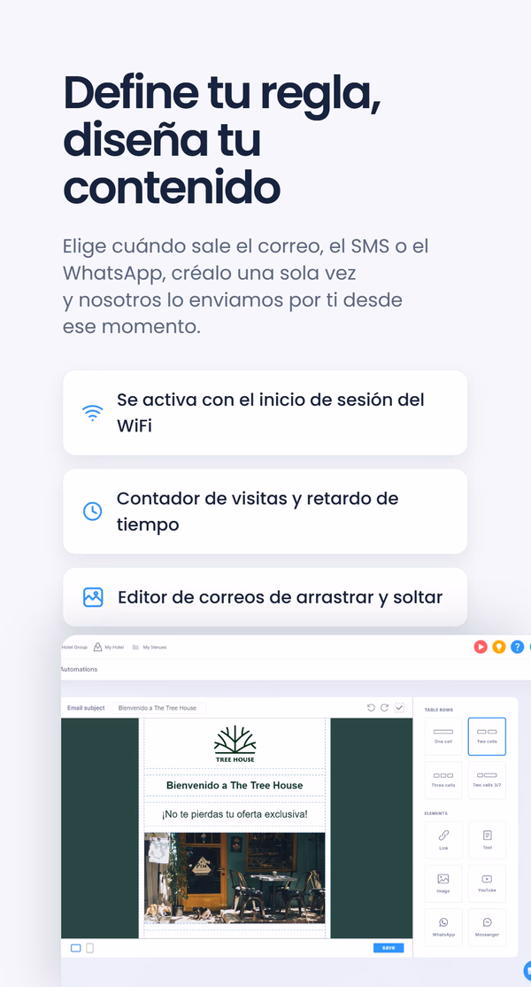 Tres elementos bajo el titular 'Define su regla, diseña su contenido' - se activa con el inicio de sesión del WiFi, contador de visitas y retardo de tiempo, editor de correos de arrastrar y soltar - junto a una captura del panel de automatización de Tree House
