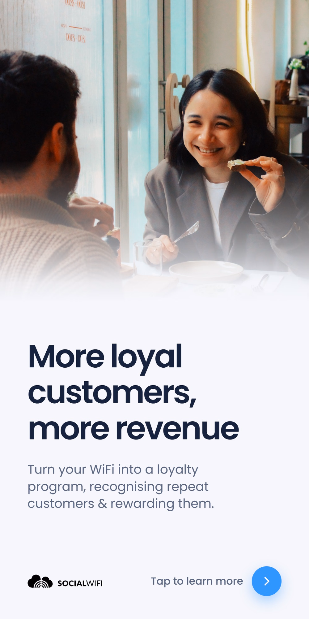 Two people at a cafe table, one smiling and holding a bite of food, with the headline 'More loyal customers, more revenue'