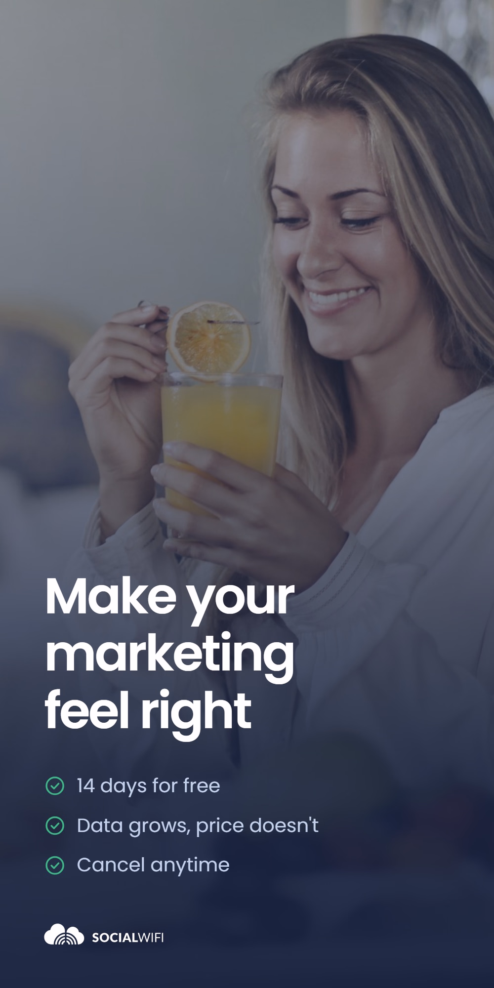 Woman smiling while enjoying a drink at home, next to the headline 'Make your marketing feel right'