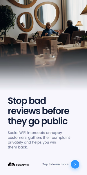 Elderly couple dining together in an elegant restaurant with round mirrors on the wall, with the headline 'Stop bad reviews before they go public' and text explaining that Social WiFi intercepts unhappy customers, gathers their complaint privately and helps you win them back
