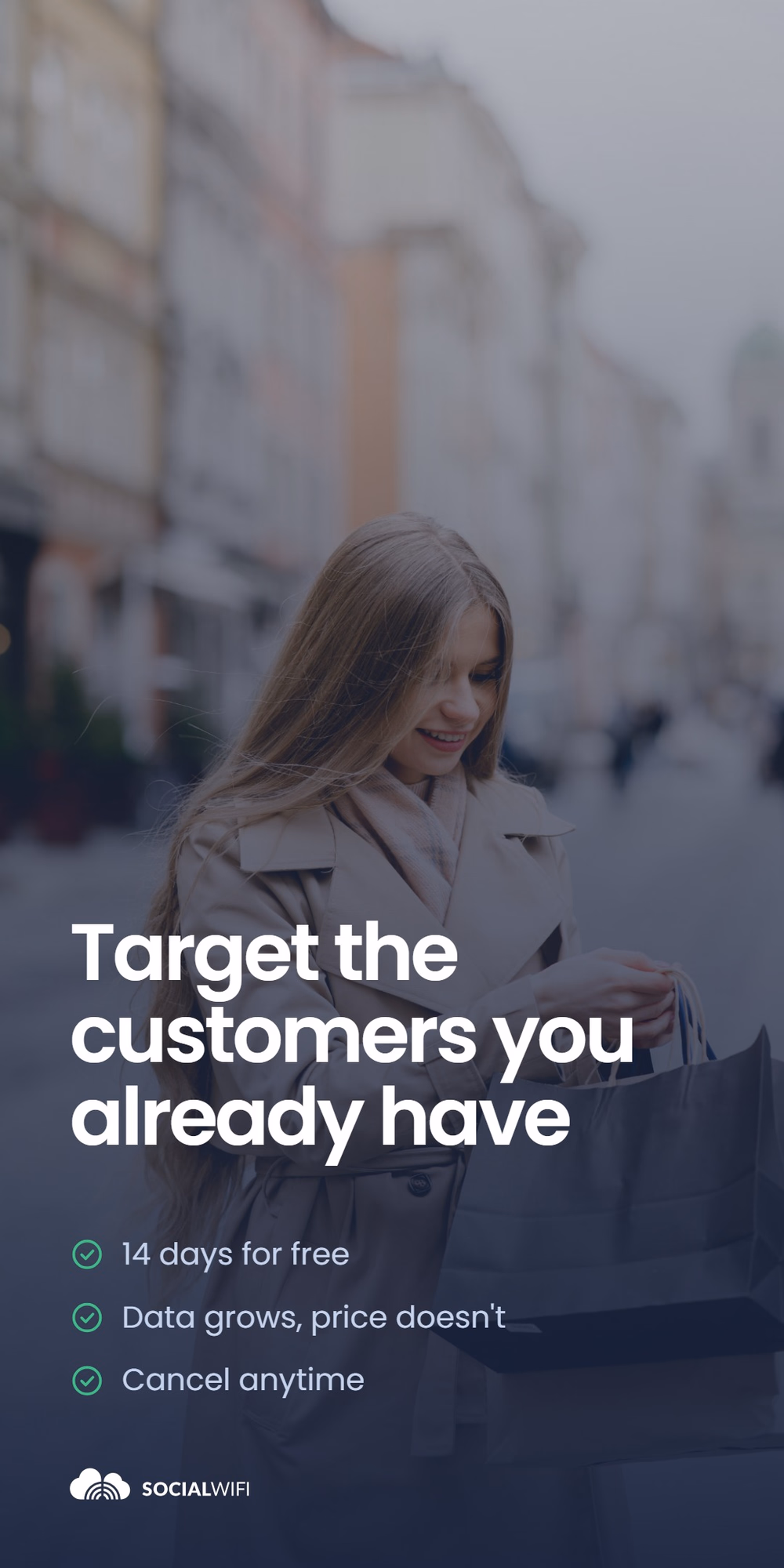 Guest carrying shopping bags on a city street, with the headline 'Target the customers you already have'