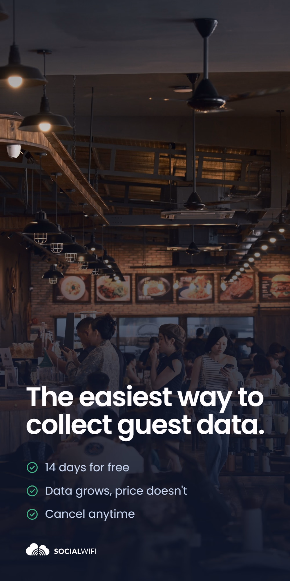 Guests using their phones inside a busy restaurant, under the headline 'The easiest way to collect guest data' and a checklist highlighting a 14-day free trial, pricing that doesn't grow with your data, and cancelling anytime