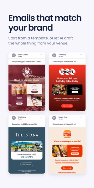Four branded marketing emails for different venues shown in inbox previews, under the headline 'Emails that match your brand'
