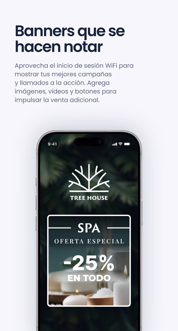 Maqueta de una pantalla de inicio de sesión WiFi para 'Tree House' con un banner 'SPA Oferta especial -25% en todo', bajo el titular 'Banners que se hacen notar'