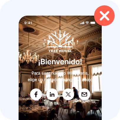 Página de acceso al WiFi con texto blanco sobre una foto clara y recargada, difícil de leer