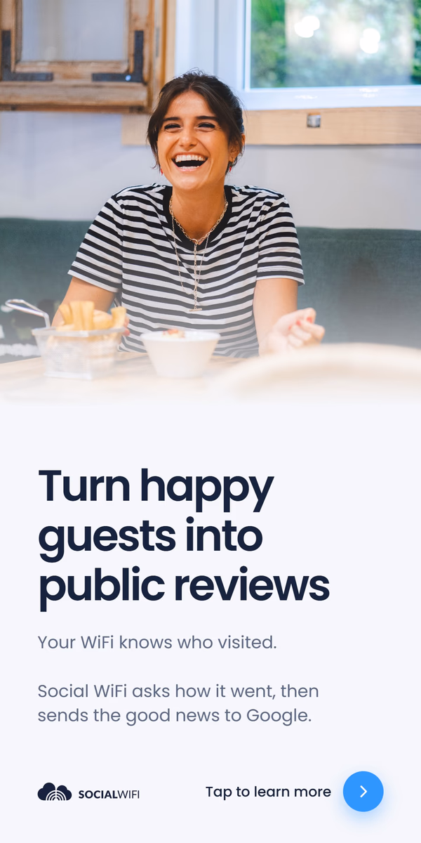 Smiling guest at a restaurant table, with the headline 'Turn happy guests into public reviews'