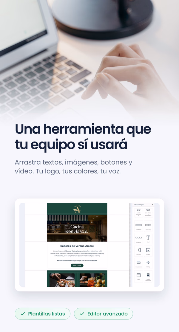 Creador de correos de arrastrar y soltar mostrando un correo del restaurante Amici, junto al titular 'Una herramienta que su equipo sí usará'