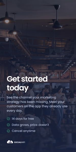 Guests checking their phones inside a busy restaurant, under the headline 'Get started today' and a checklist highlighting a 14-day free trial, pricing that doesn't grow with your data, and cancelling anytime