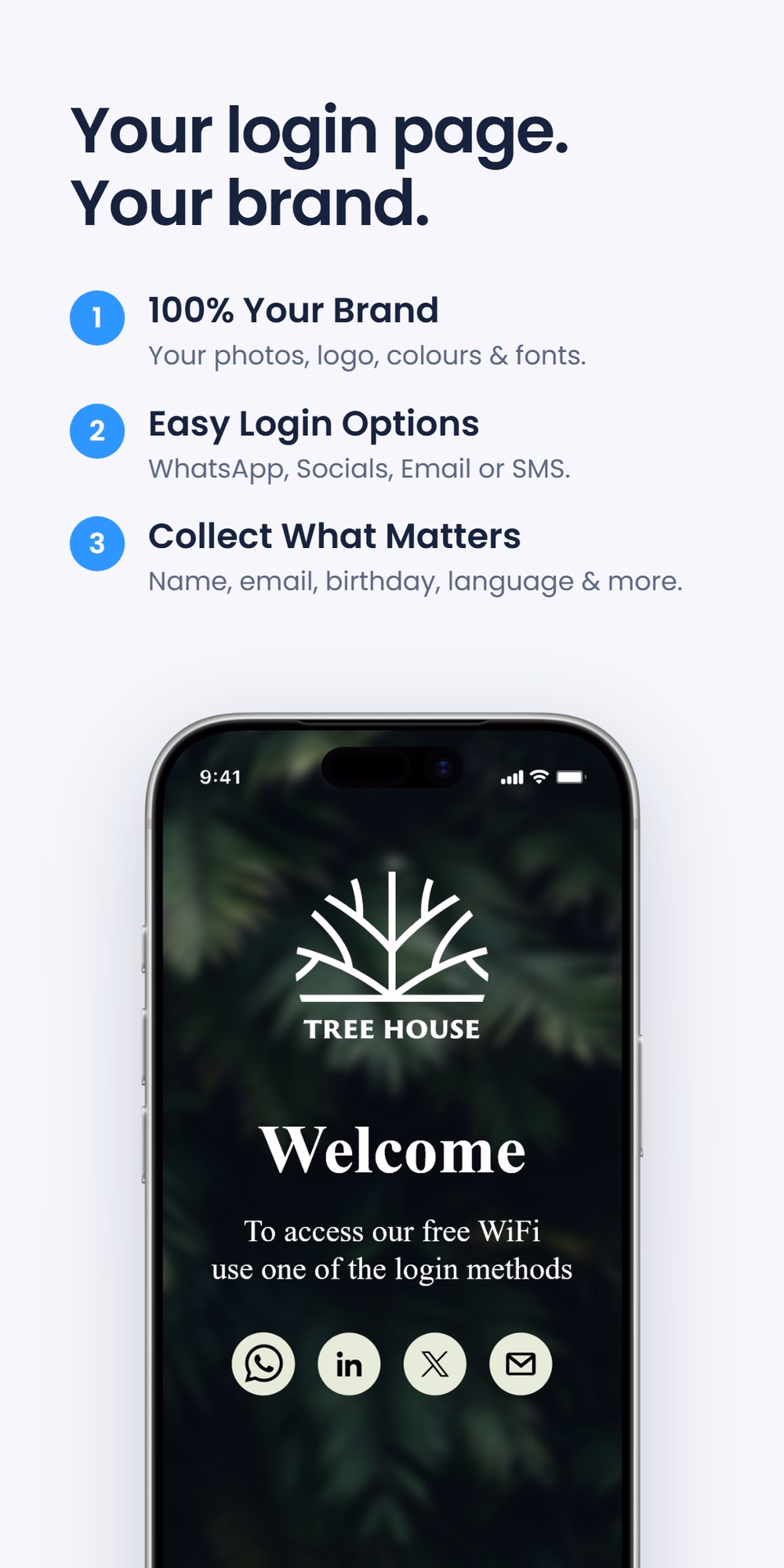 Three login page benefits - your brand, easy login options and collecting what matters - next to a phone showing a custom-branded 'Tree House' WiFi login screen, under the headline 'Your login page. Your brand.'