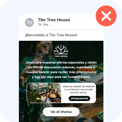 Email de bienvenida recargado, con una foto llamativa, mucho texto y dos ofertas a la vez