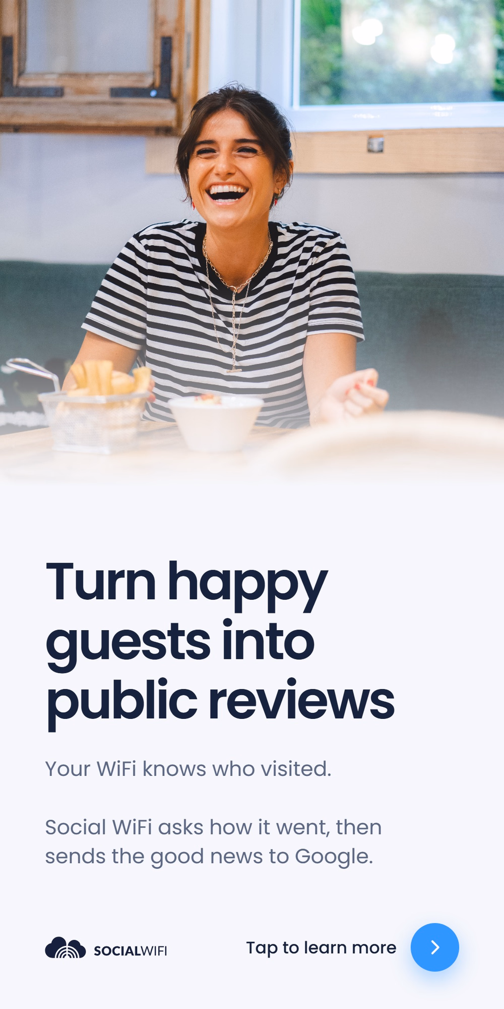 Smiling guest at a restaurant table, with the headline 'Turn happy guests into public reviews'