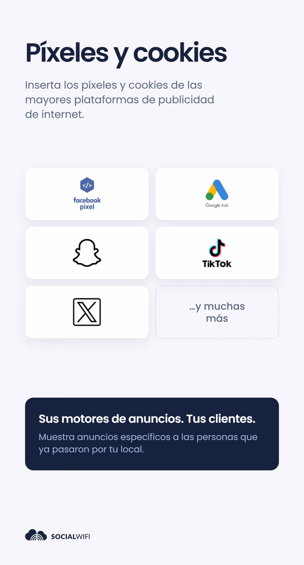 Cuadrícula de logotipos de plataformas publicitarias - Facebook Pixel, Google Ads, Snapchat, TikTok y X - bajo el titular 'Píxeles y cookies' y el texto 'Sus motores de anuncios. Sus clientes.'