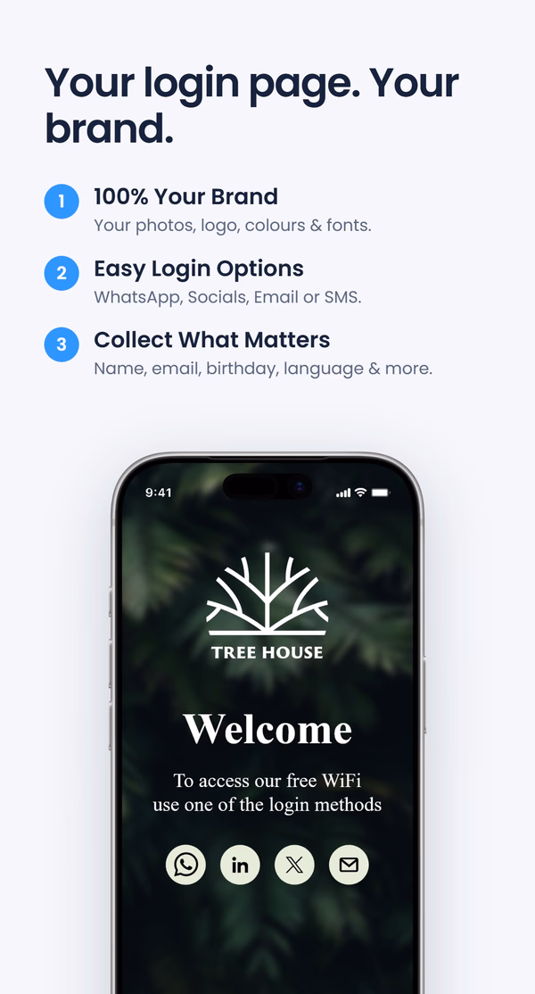 Three login page benefits - your brand, easy login options and collecting what matters - next to a phone showing a custom-branded 'Tree House' WiFi login screen, under the headline 'Your login page. Your brand.'