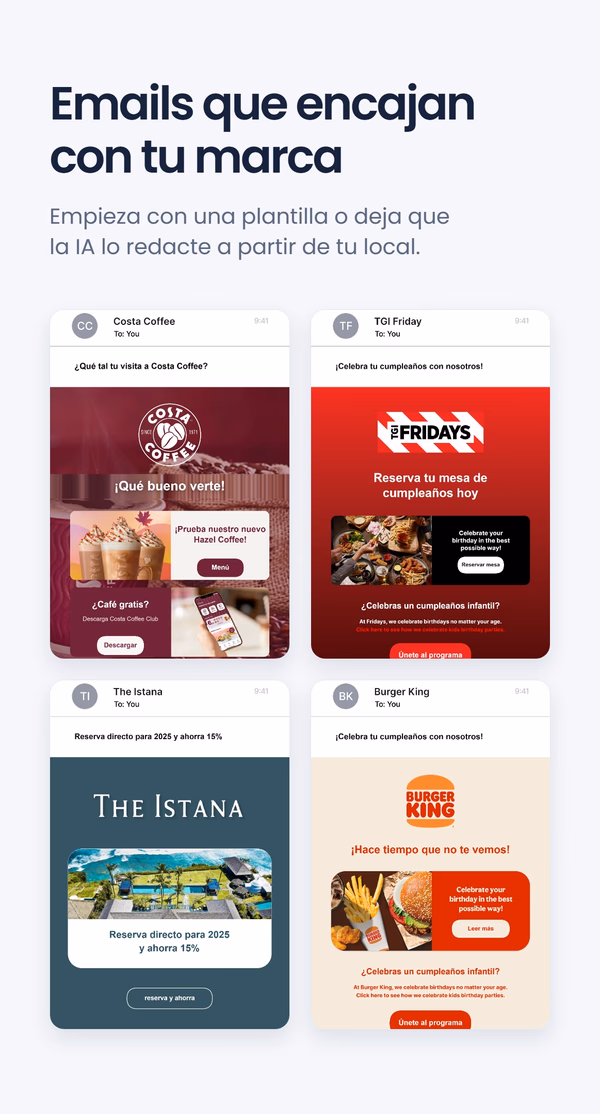 Cuatro correos electrónicos de marca - Costa Coffee, TGI Friday, The Istana y Burger King - bajo el titular 'Emails que encajan con su marca'