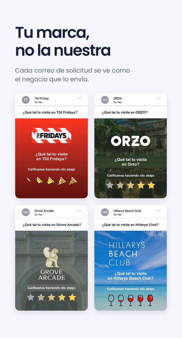 Cuatro correos de marca solicitando reseñas para distintos negocios - TGI Fridays, ORZO, Grove Arcade y Hillarys Beach Club - cada uno con su propia escala de valoración temática, bajo el lema 'Su marca, no la nuestra'