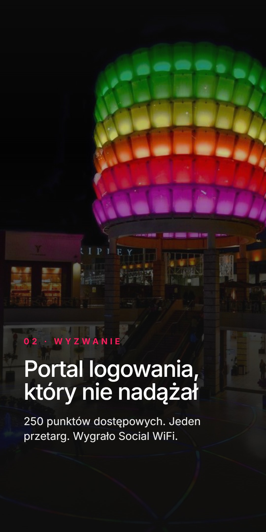 Kolorowa, podświetlona rzeźba w kształcie lampionu nad wejściem do centrum handlowego. Etykieta 02 - Wyzwanie, nagłówek Portal logowania, który nie nadążał, dane: 250 punktów dostępowych, jeden przetarg, wygrało Social WiFi.