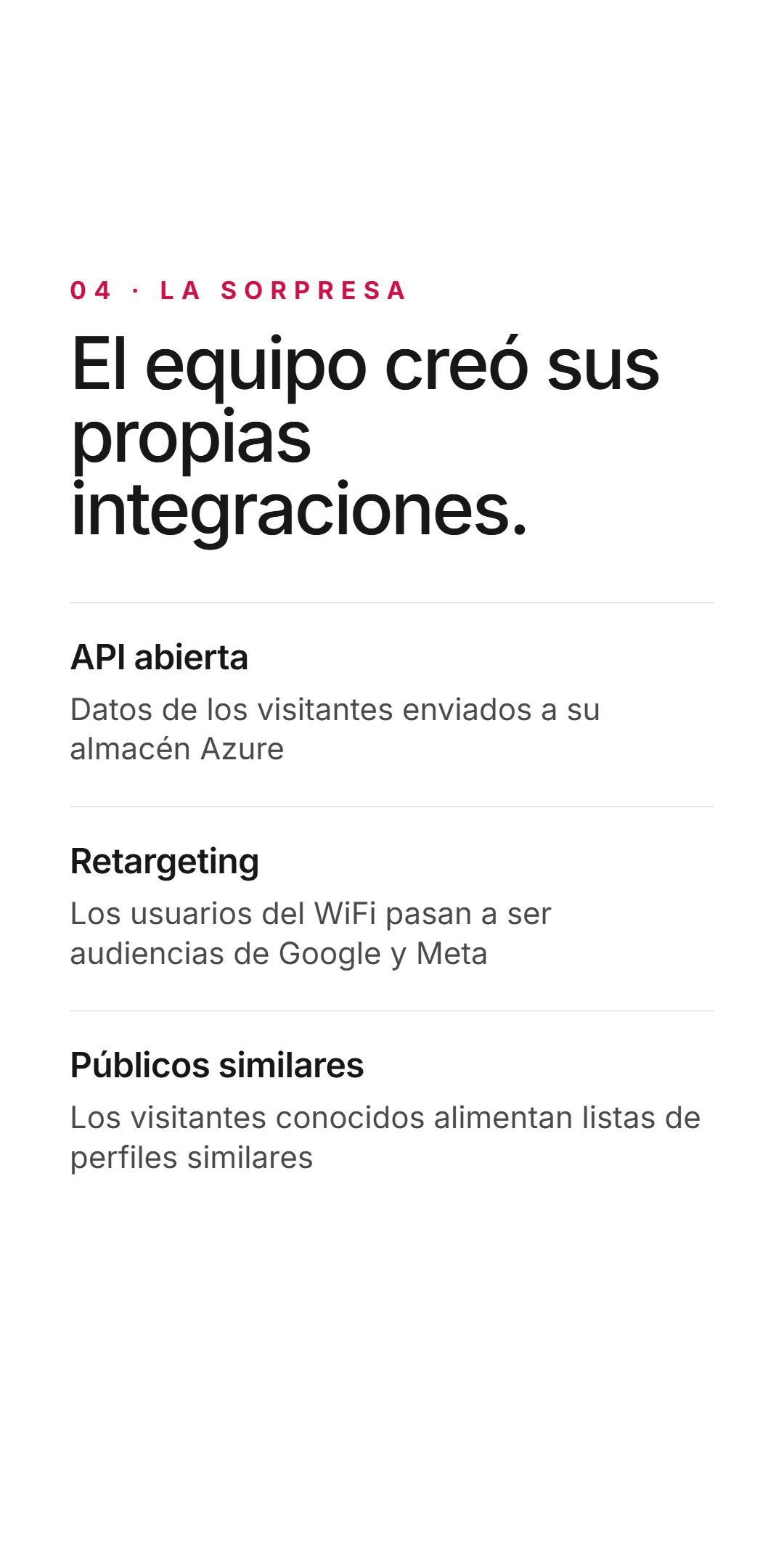 Diapositiva clara con la lista de integraciones. Etiqueta 04 - La sorpresa, titular El equipo creó sus propias integraciones. API abierta - datos de los visitantes enviados a su almacén Azure. Retargeting - los usuarios del WiFi pasan a ser audiencias de Google y Meta. Públicos similares - los visitantes conocidos alimentan listas de perfiles similares.