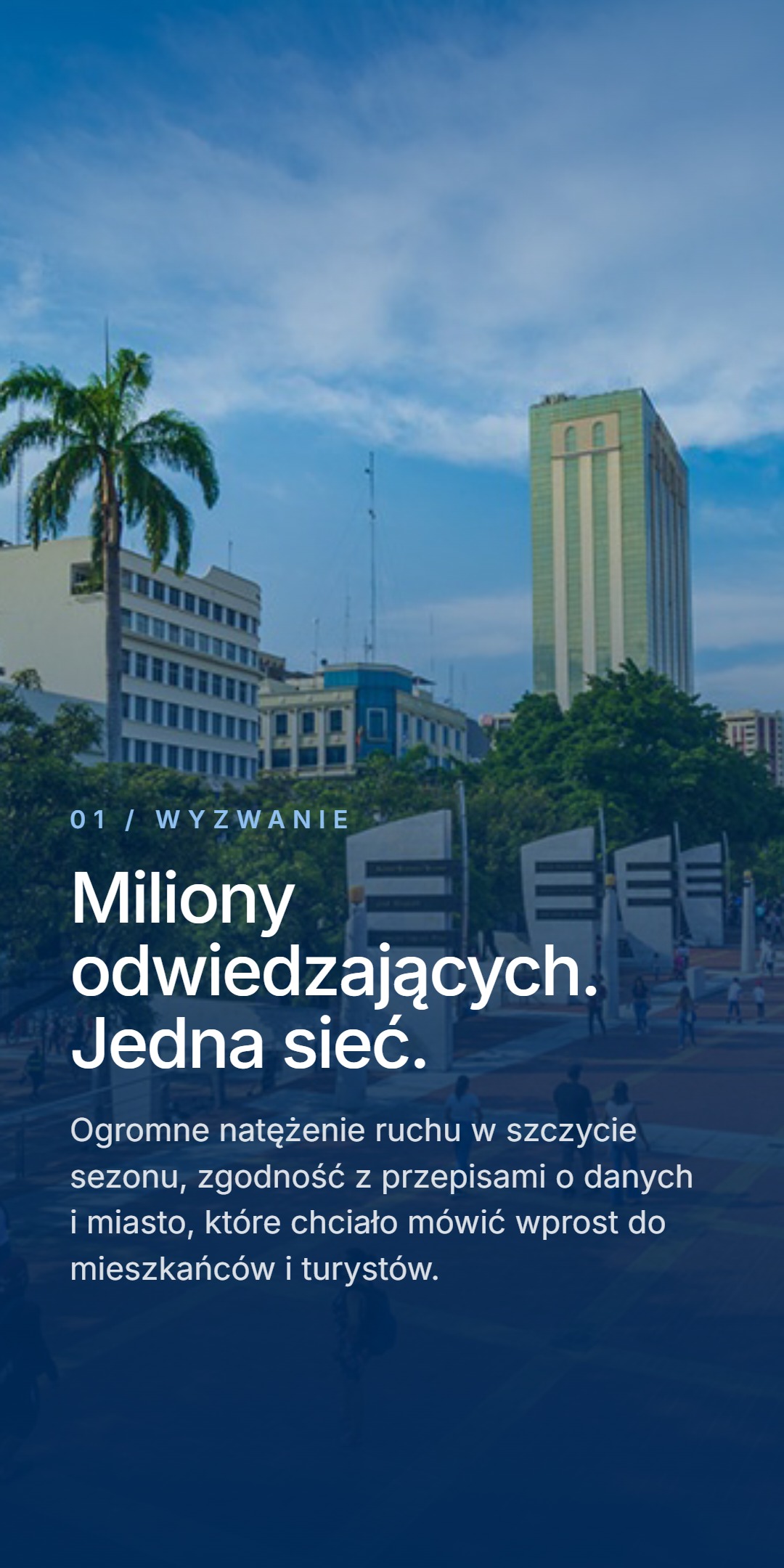 Panorama centrum Guayaquil z wieżowcem i palmami. Etykieta 01 - Wyzwanie, nagłówek 'Miliony odwiedzających. Jedna sieć.', opis - ogromne natężenie ruchu w szczycie sezonu, zgodność z przepisami o danych i miasto, które chciało mówić wprost do mieszkańców i turystów.