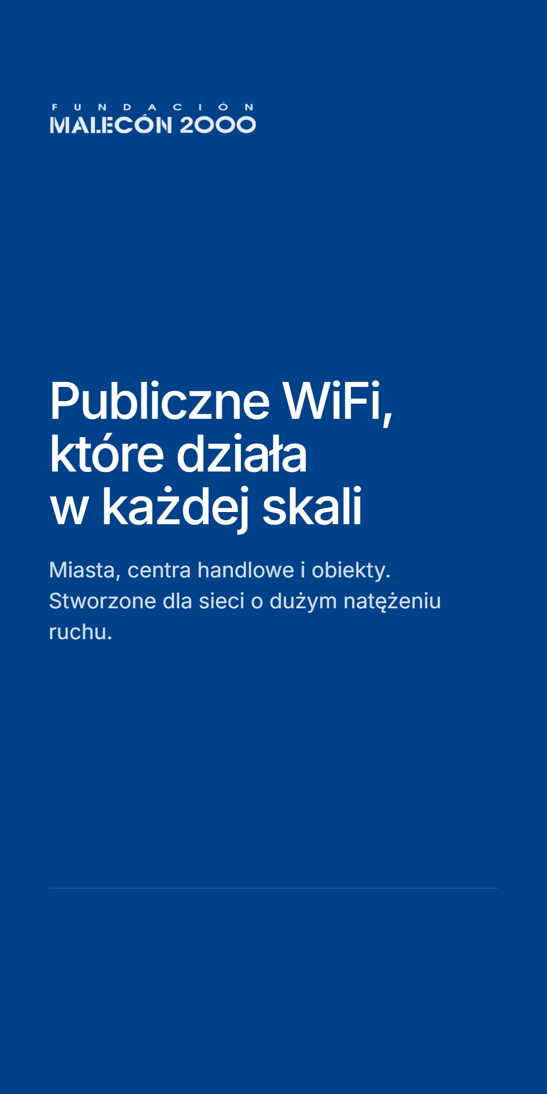Zamykający, granatowy slajd z logo Fundación Malecón 2000, nagłówkiem 'Publiczne WiFi, które działa w każdej skali' i opisem - miasta, centra handlowe i obiekty, stworzone dla sieci o dużym natężeniu ruchu.