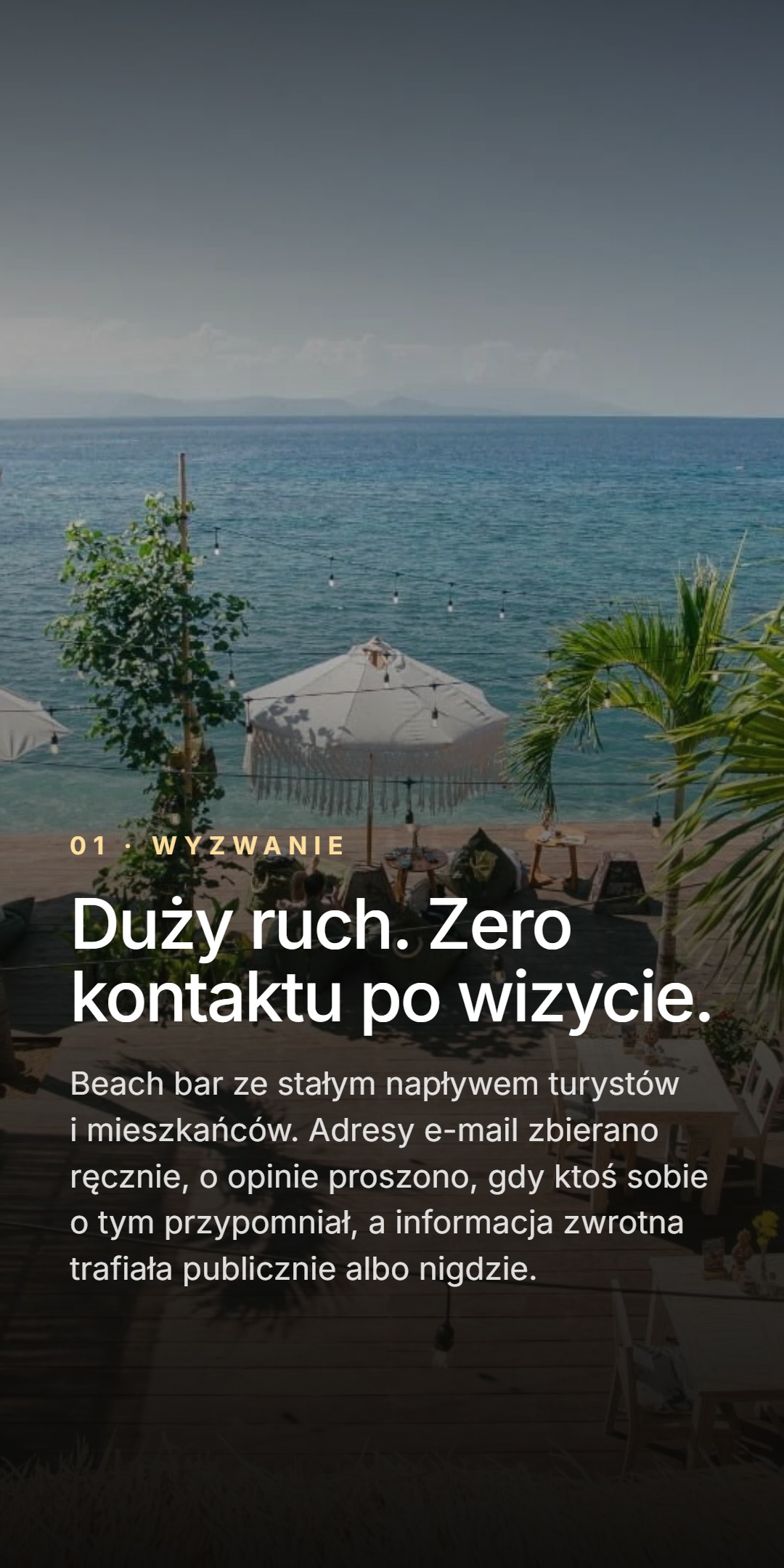 Widok na ocean i taras Penida Colada o zmierzchu. Etykieta 01 - Wyzwanie, nagłówek 'Duży ruch. Zero kontaktu po wizycie.' - adresy e-mail zbierano ręcznie, o opinie proszono, gdy ktoś sobie o tym przypomniał, a informacja zwrotna trafiała publicznie albo nigdzie.