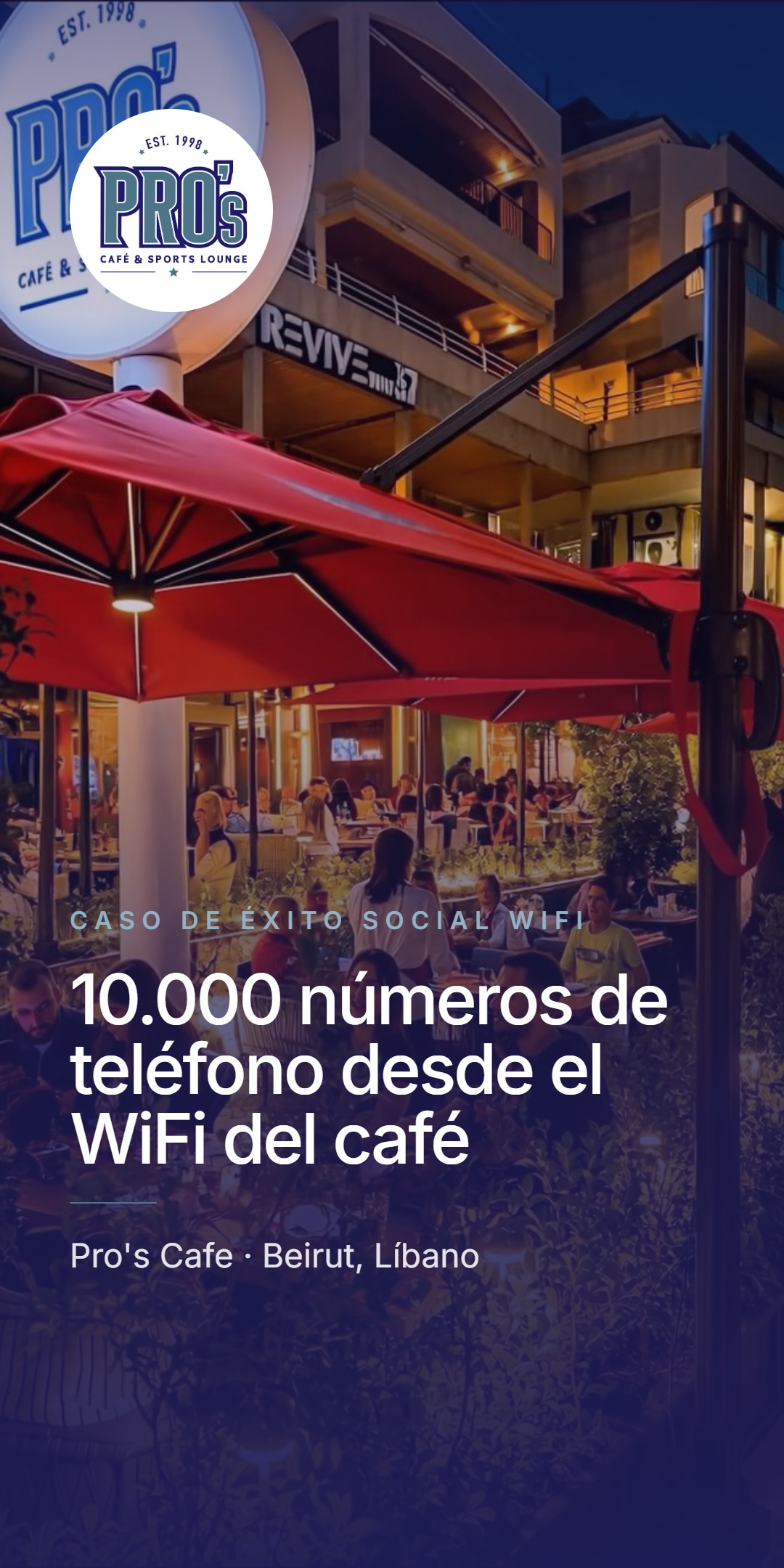 Fotografía nocturna de la terraza del café Pro's Cafe en Beirut con sombrillas rojas y clientes en las mesas, con el logo de Pro's Cafe. Titular '10.000 números de teléfono desde el WiFi del café', con el pie Pro's Cafe, Beirut, Líbano
