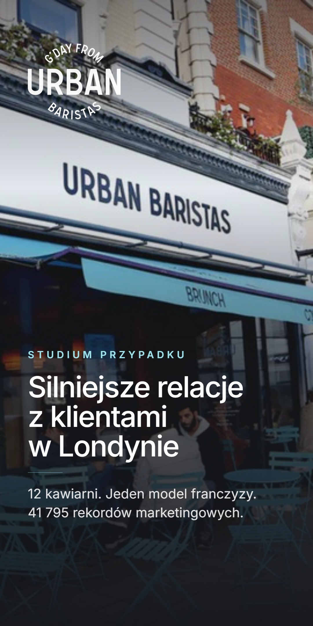 Szyld kawiarni 'Urban Baristas' w Londynie z tytułem 'Silniejsze relacje z klientami w Londynie' - 12 kawiarni, jeden model franczyzy, 41 795 rekordów marketingowych