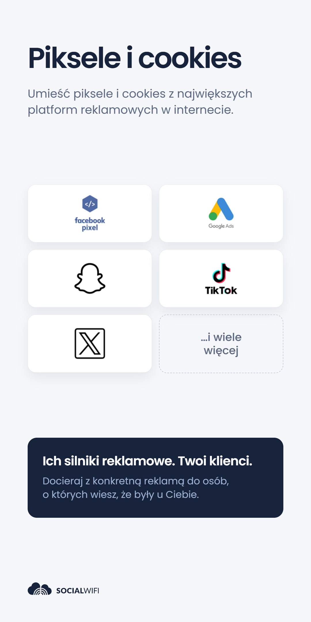 Siatka logo platform reklamowych - Facebook Pixel, Google Ads, Snapchat, TikTok i X - pod nagłówkiem 'Piksele i cookies' i tekstem 'Ich silniki reklamowe. Twoi klienci.'