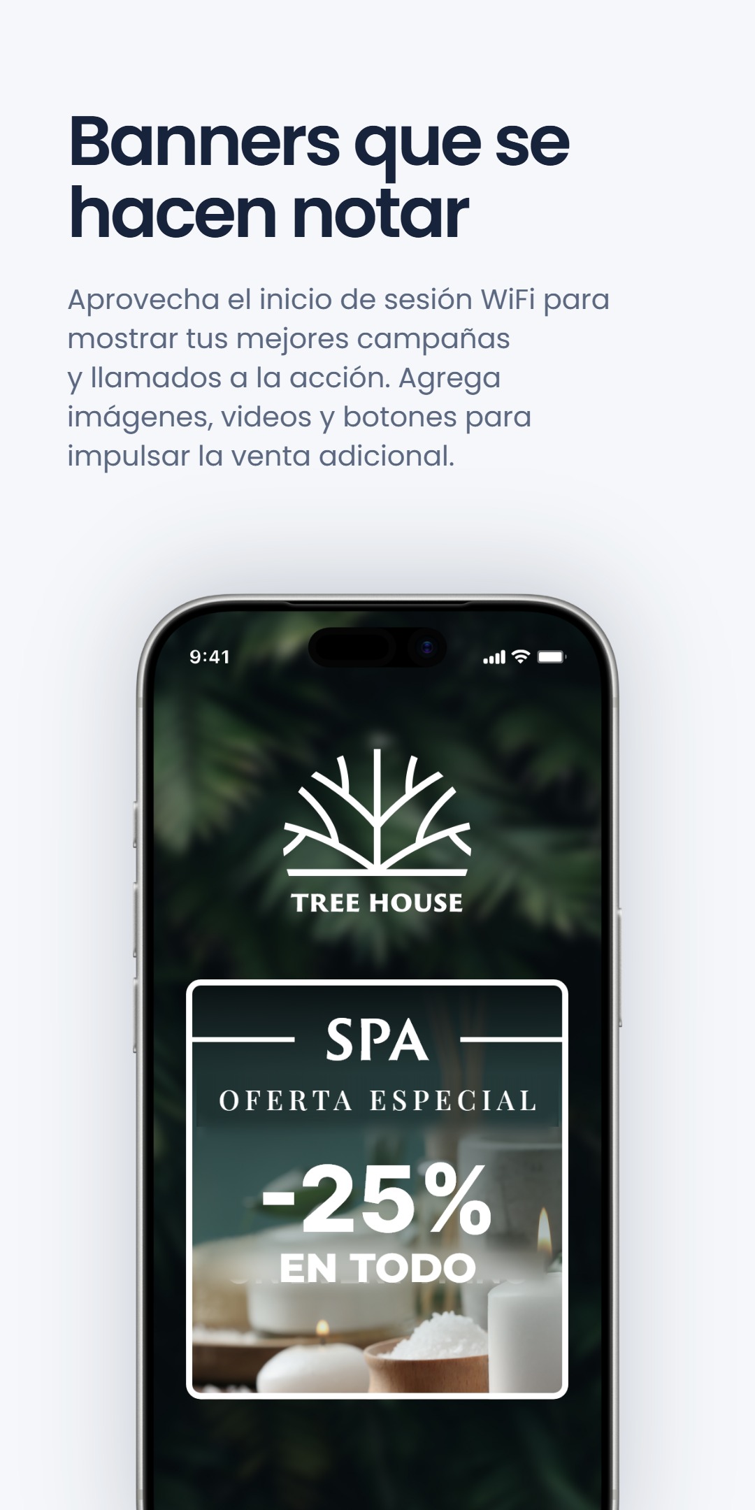 Maqueta de una pantalla de inicio de sesión WiFi para 'Tree House' con un banner 'SPA Oferta especial -25% en todo', bajo el titular 'Banners que se hacen notar'