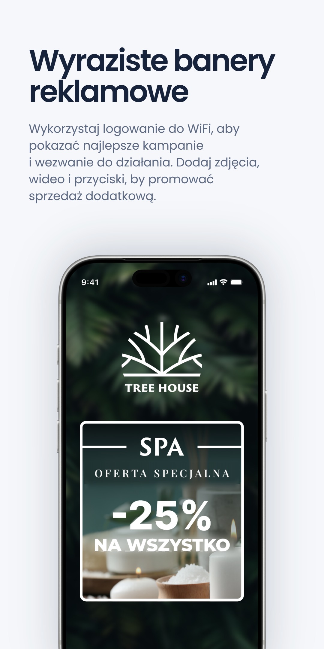 Makieta ekranu logowania WiFi dla 'Tree House' z banerem 'SPA Oferta specjalna -25% na wszystko', pod nagłówkiem 'Wyraziste banery reklamowe'
