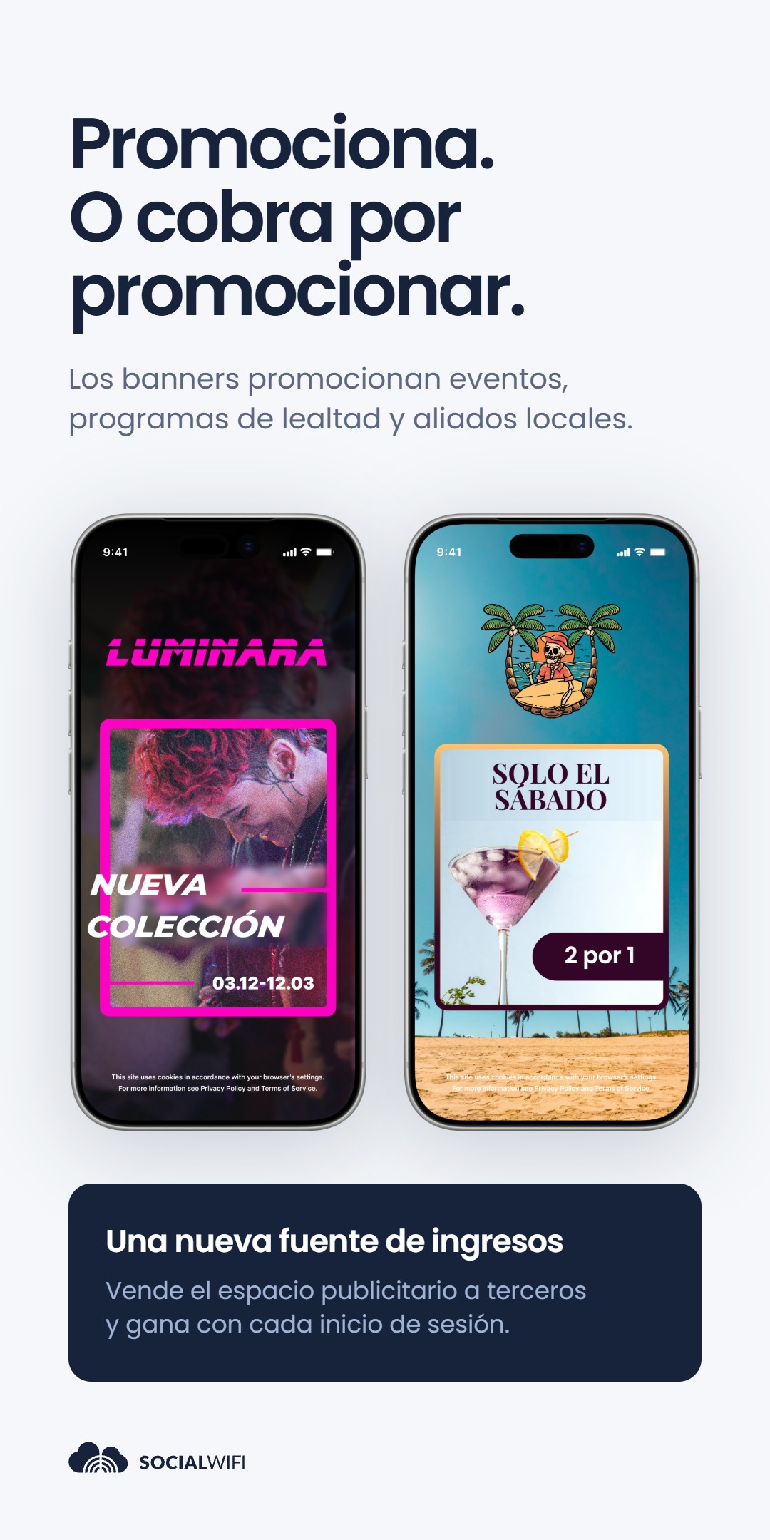 Dos maquetas de banners publicitarios en el inicio de sesión WiFi - una promoción 'Luminara Nueva colección' y una oferta de bar de playa 'Solo el sábado 2 por 1' - bajo el titular 'Promociona. O cobra por promocionar.'