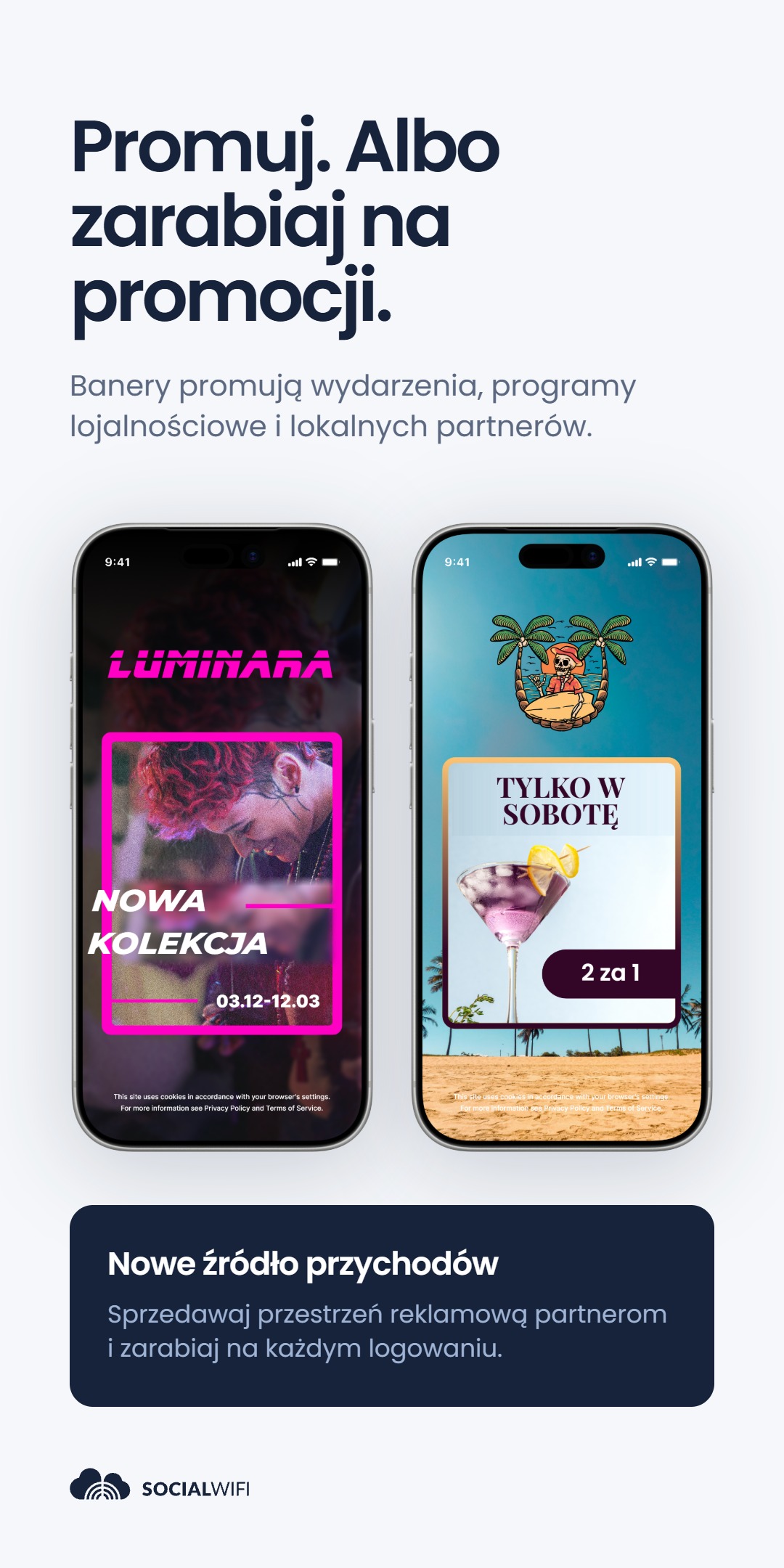 Dwie makiety banerów reklamowych na ekranie logowania WiFi - promocja 'Luminara Nowa kolekcja' i oferta baru na plaży 'Tylko w sobotę 2 za 1' - pod nagłówkiem 'Promuj. Albo zarabiaj na promocji.'